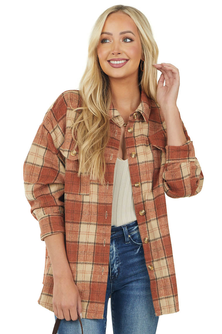 Rust Plaid Button Up Shacket with Side Pockets
