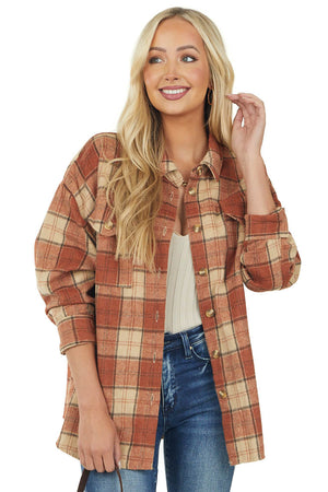 Rust Plaid Button Up Shacket with Side Pockets