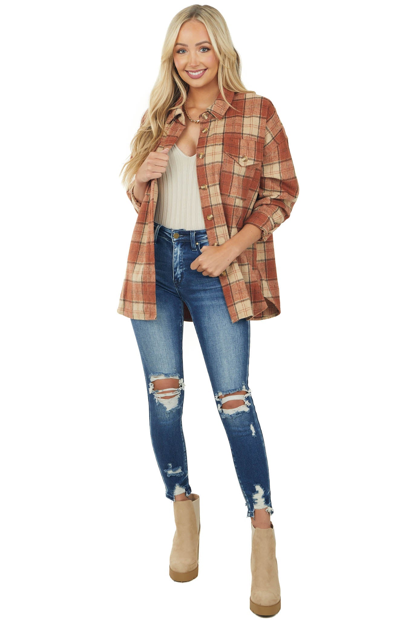 Rust Plaid Button Up Shacket with Side Pockets