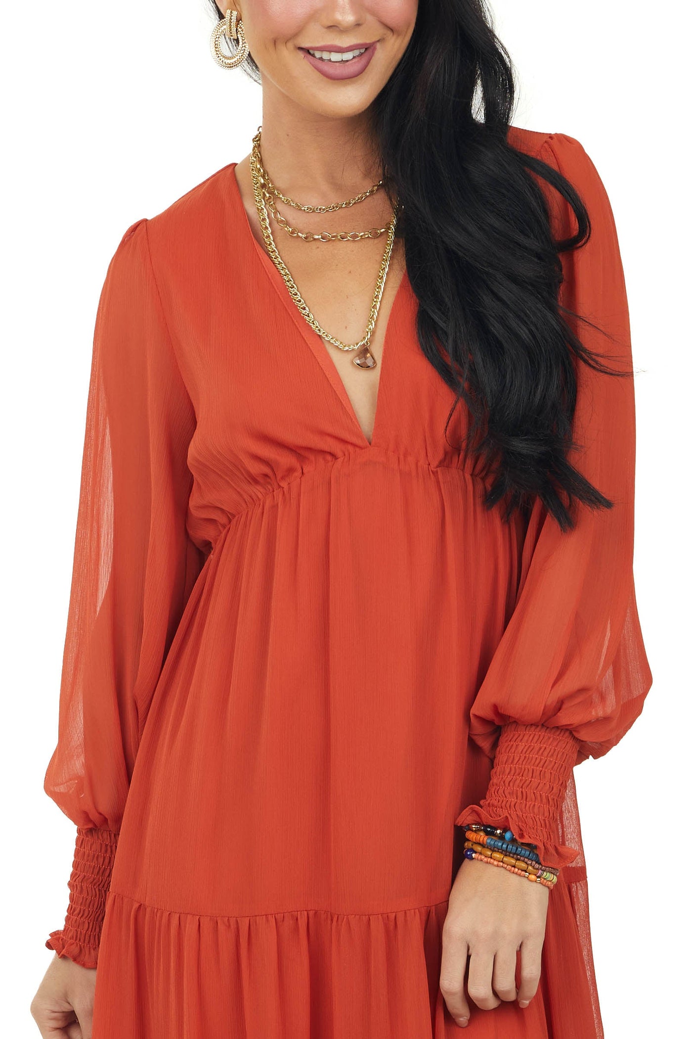 Rust Plunging V Neck Tiered Midi Dress