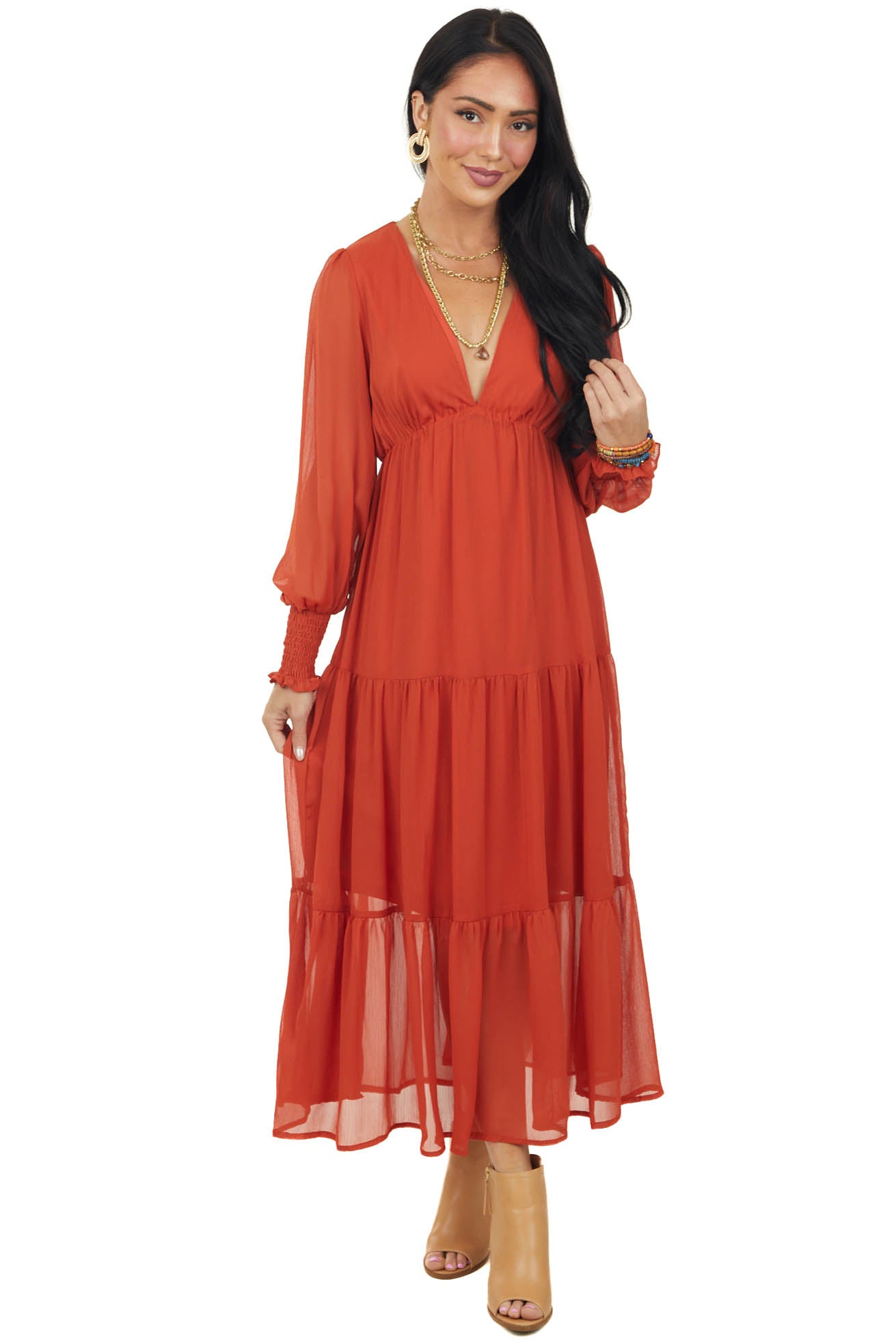 Rust Plunging V Neck Tiered Midi Dress