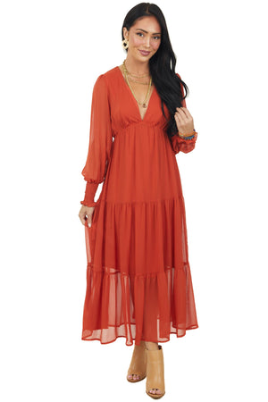Rust Plunging V Neck Tiered Midi Dress