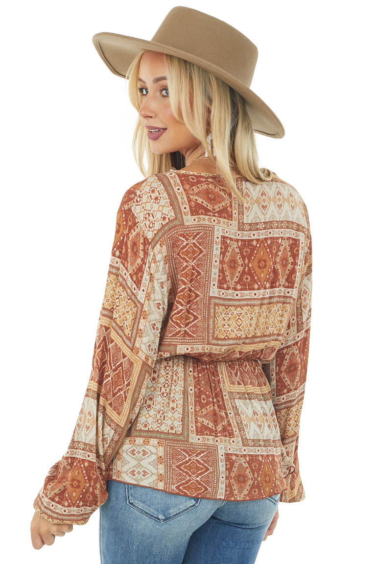 Rust Printed Surplice Bubble Sleeve Blouse