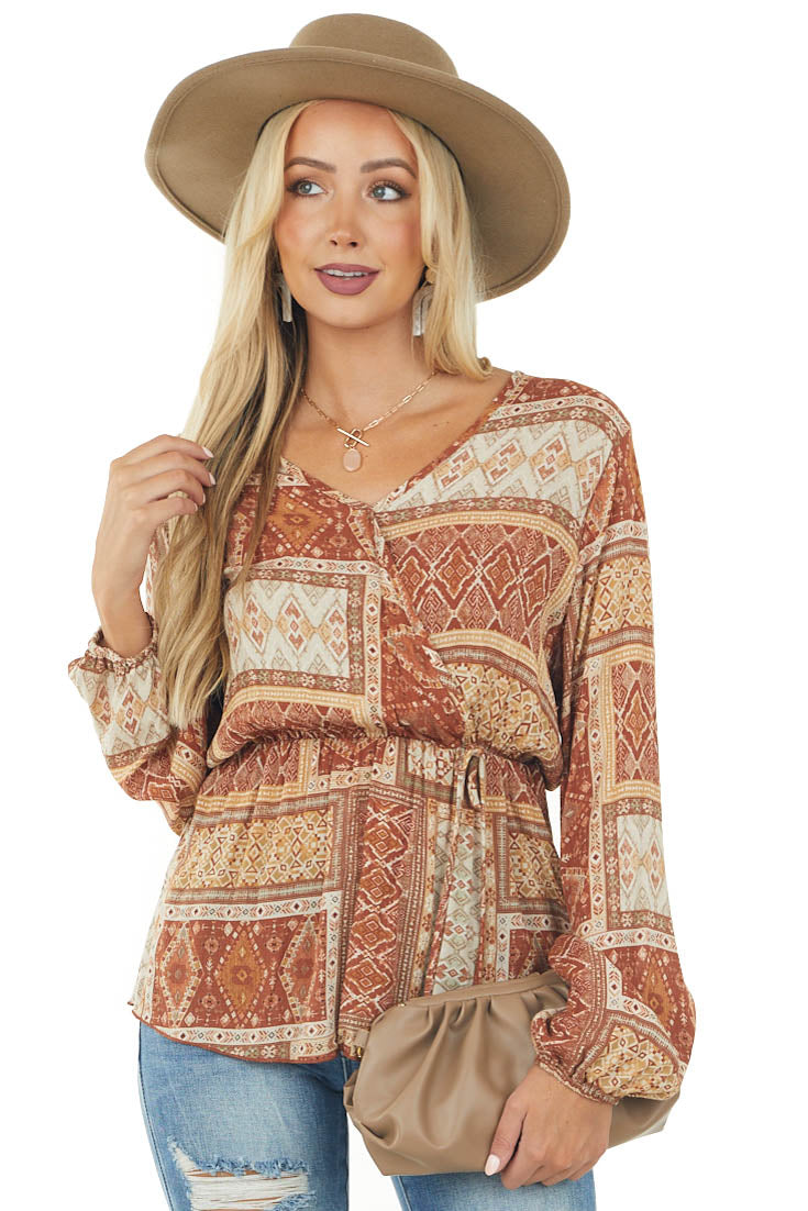 Rust Printed Surplice Bubble Sleeve Blouse