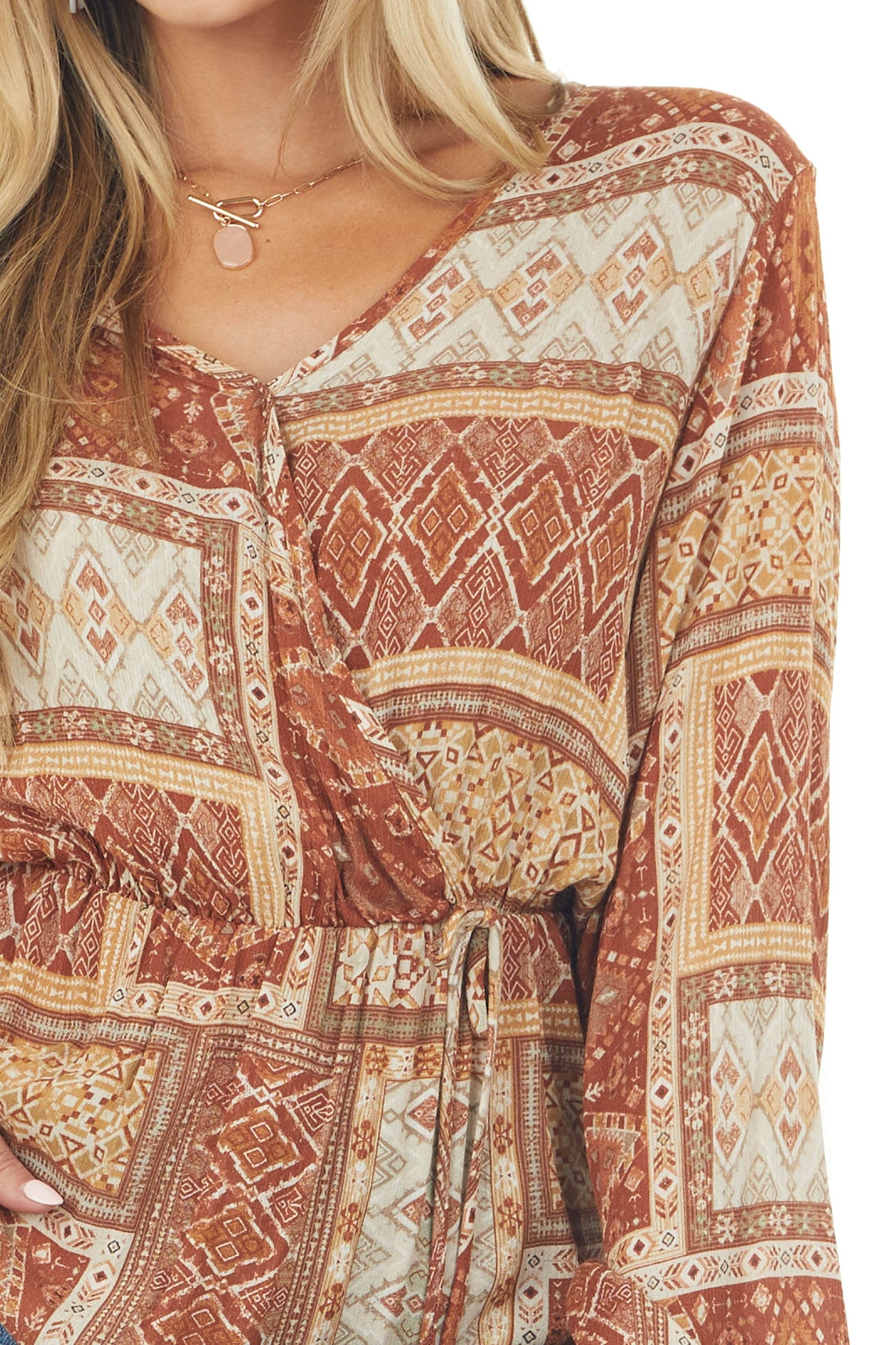 Rust Printed Surplice Bubble Sleeve Blouse