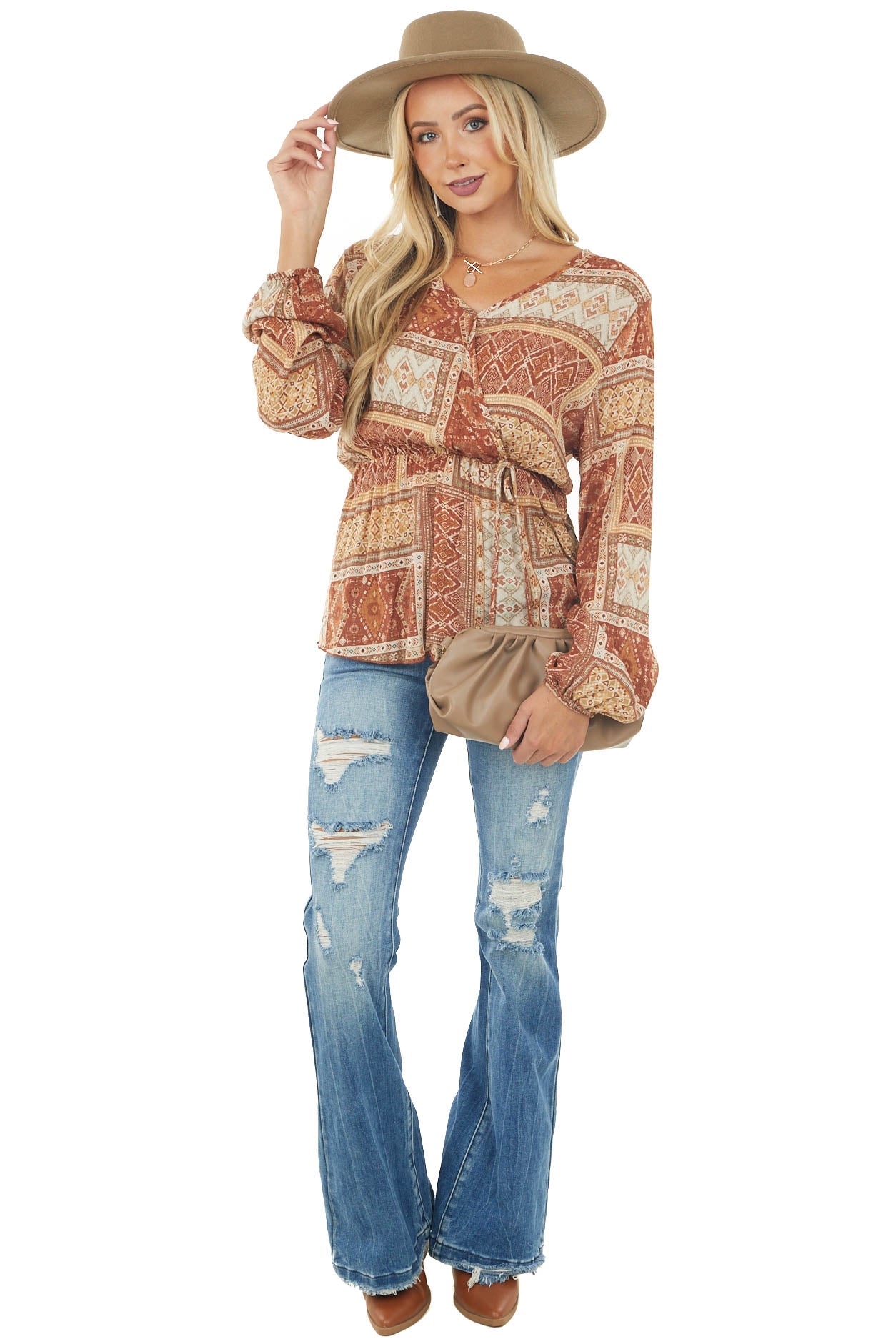 Rust Printed Surplice Bubble Sleeve Blouse