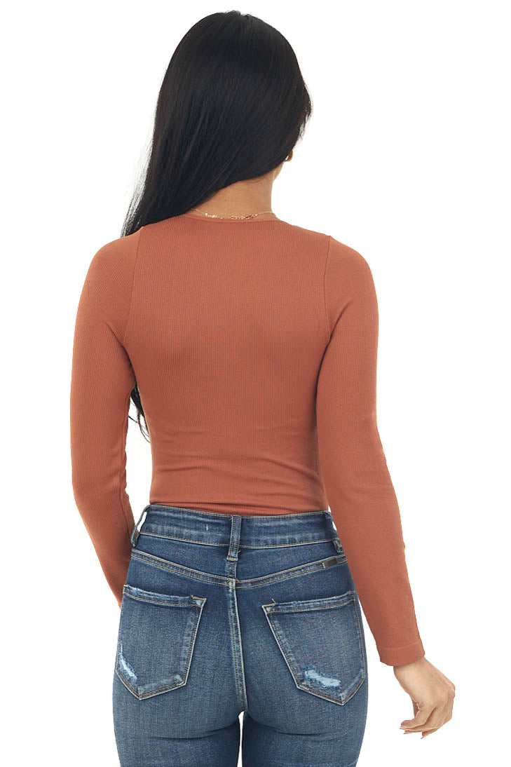 Rust Ribbed Long Sleeve V Neckline Bodysuit