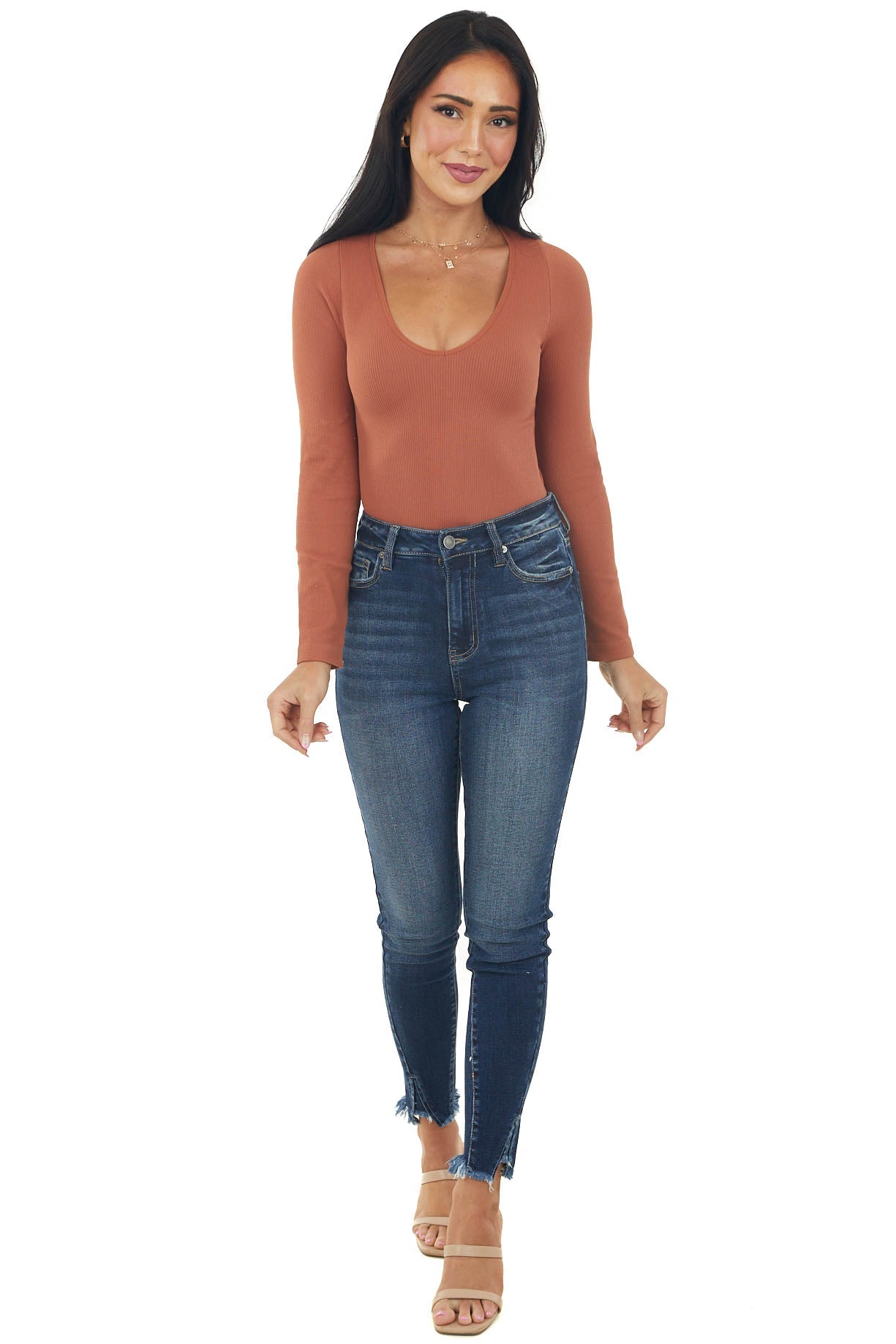 Rust Ribbed Long Sleeve V Neckline Bodysuit