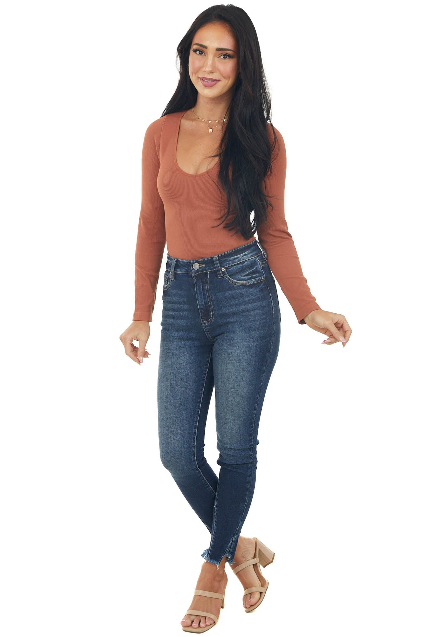 Rust Ribbed Long Sleeve V Neckline Bodysuit
