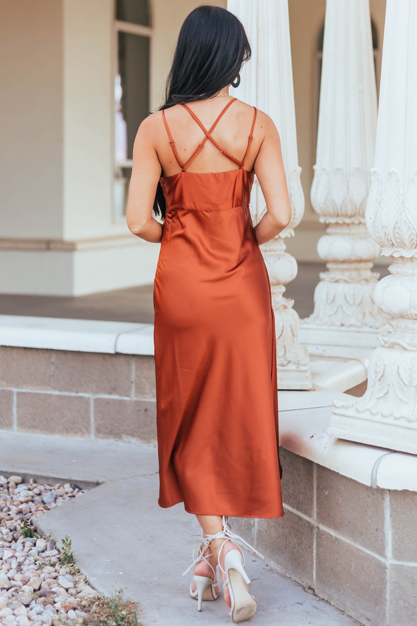 Rust Satin Sleeveless V Neck Surplice Mini Dress