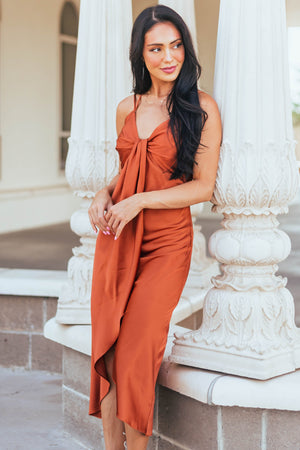 Rust Satin Sleeveless V Neck Surplice Mini Dress