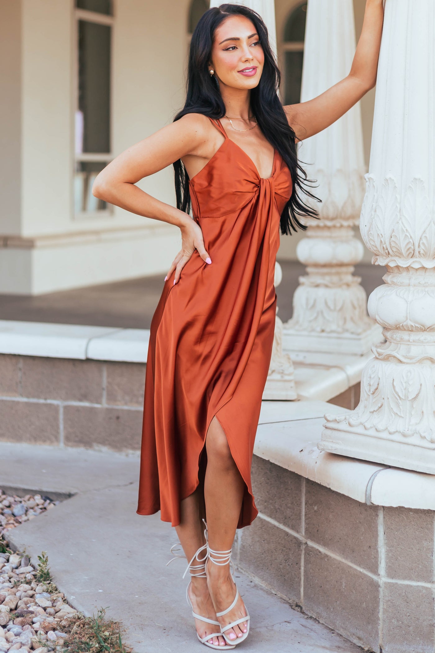 Rust Satin Sleeveless V Neck Surplice Mini Dress