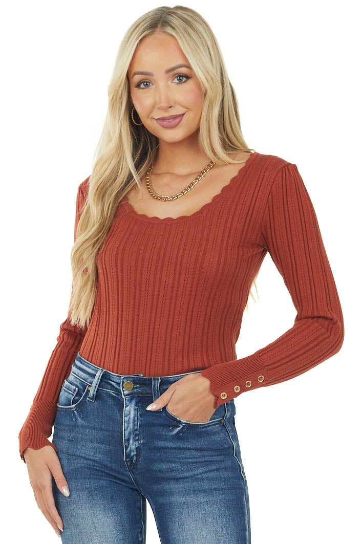 Rust Scalloped Trim Button Cuff Pointelle Top