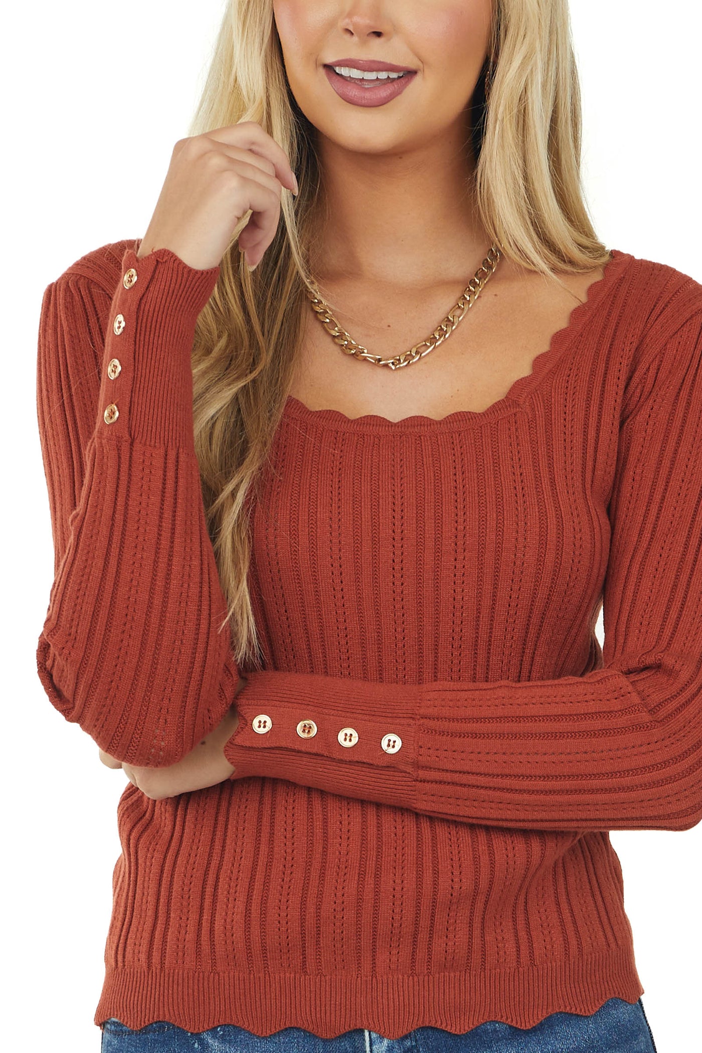 Rust Scalloped Trim Button Cuff Pointelle Top