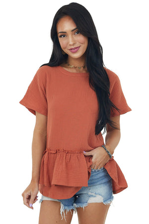 Rust Textured Woven Top with Asymmetrical Layered Peplum