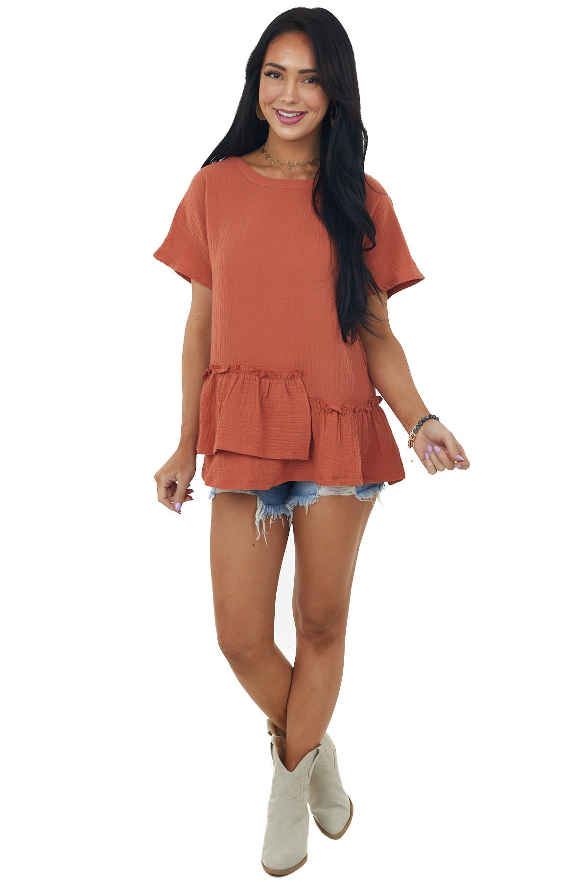 Rust Textured Woven Top with Asymmetrical Layered Peplum