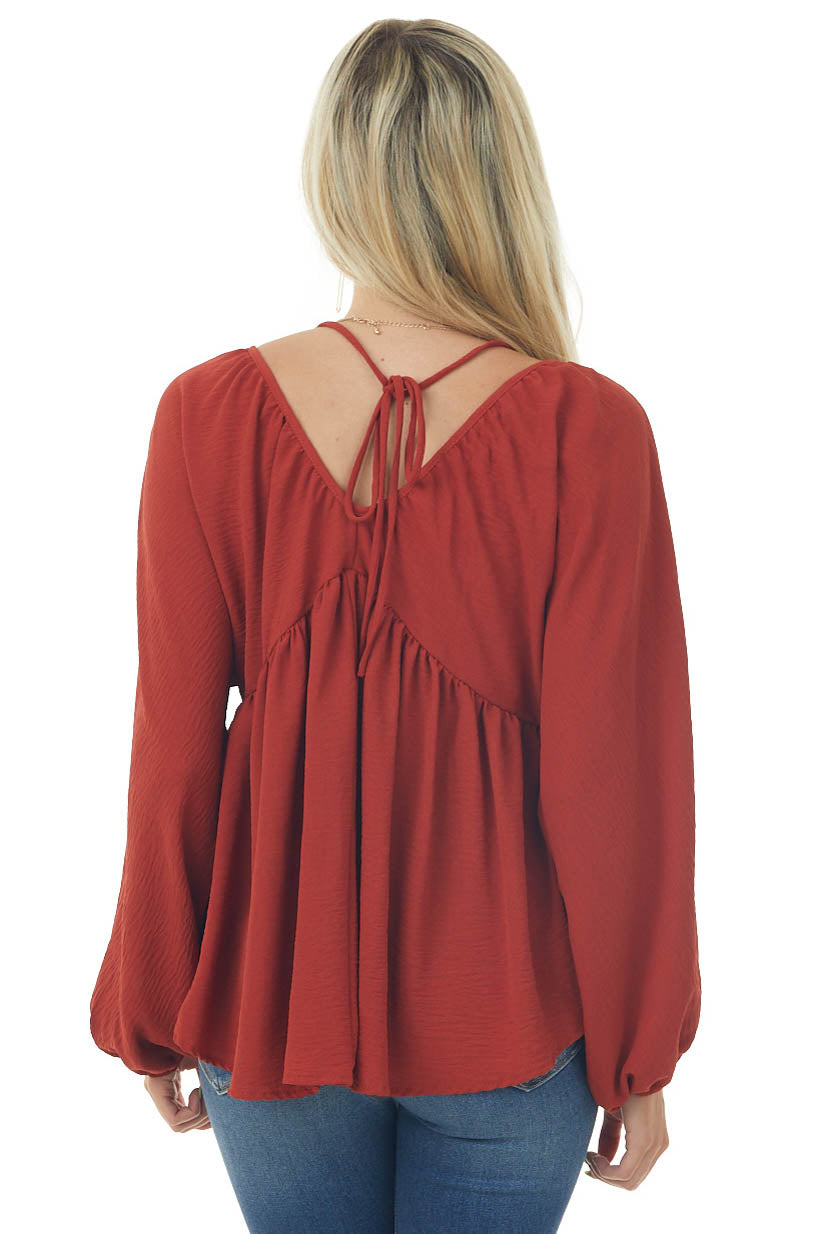 Rust V Neck Babydoll Puff Sleeve Flowy Top