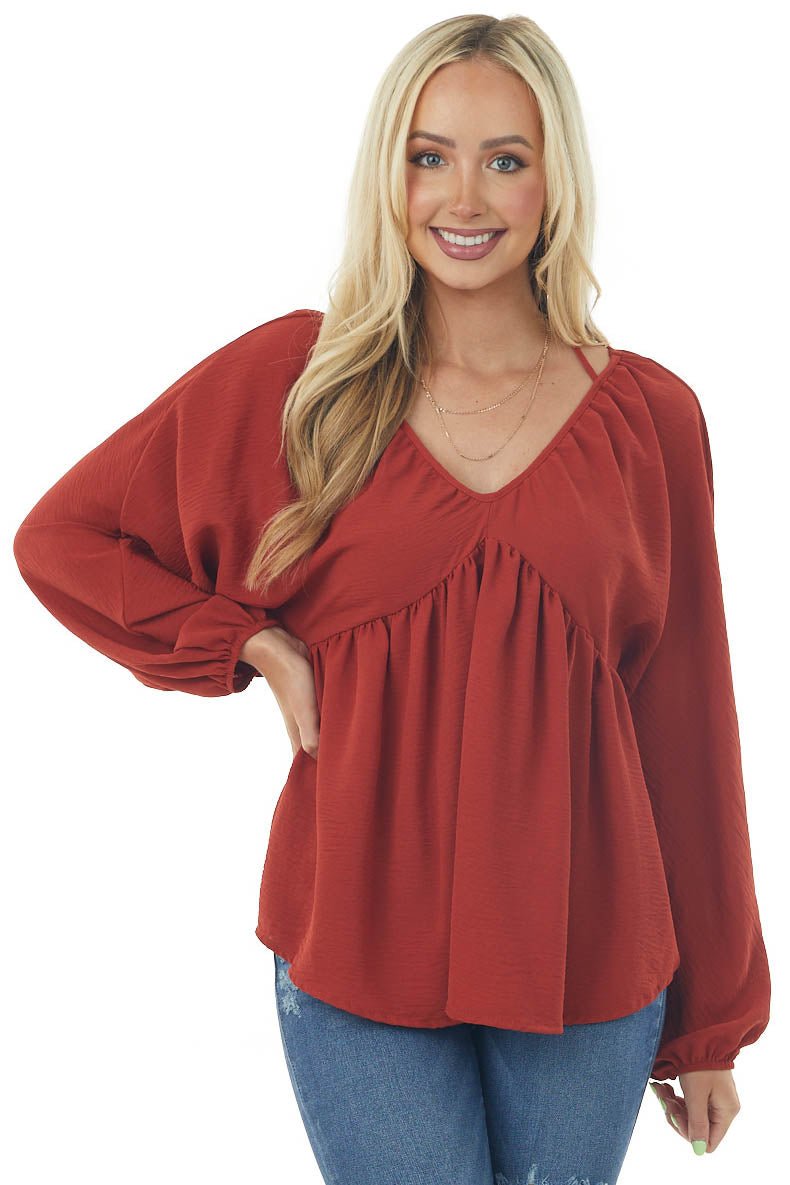 Rust V Neck Babydoll Puff Sleeve Flowy Top