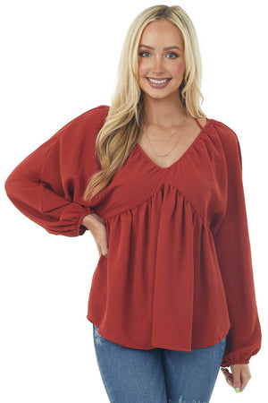 Rust V Neck Babydoll Puff Sleeve Flowy Top