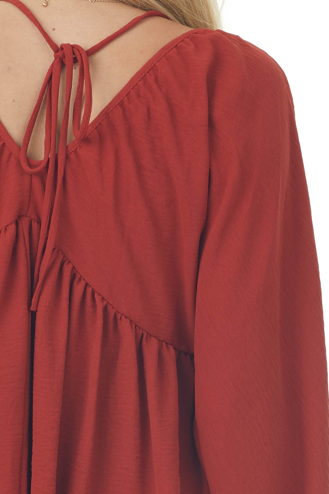 Rust V Neck Babydoll Puff Sleeve Flowy Top