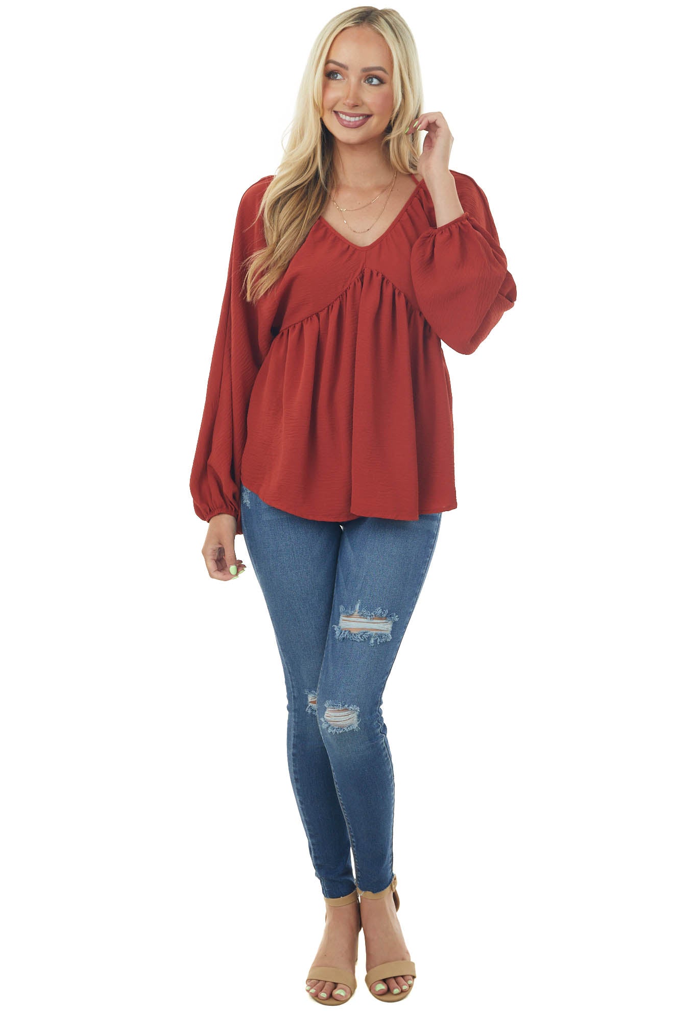 Rust V Neck Babydoll Puff Sleeve Flowy Top
