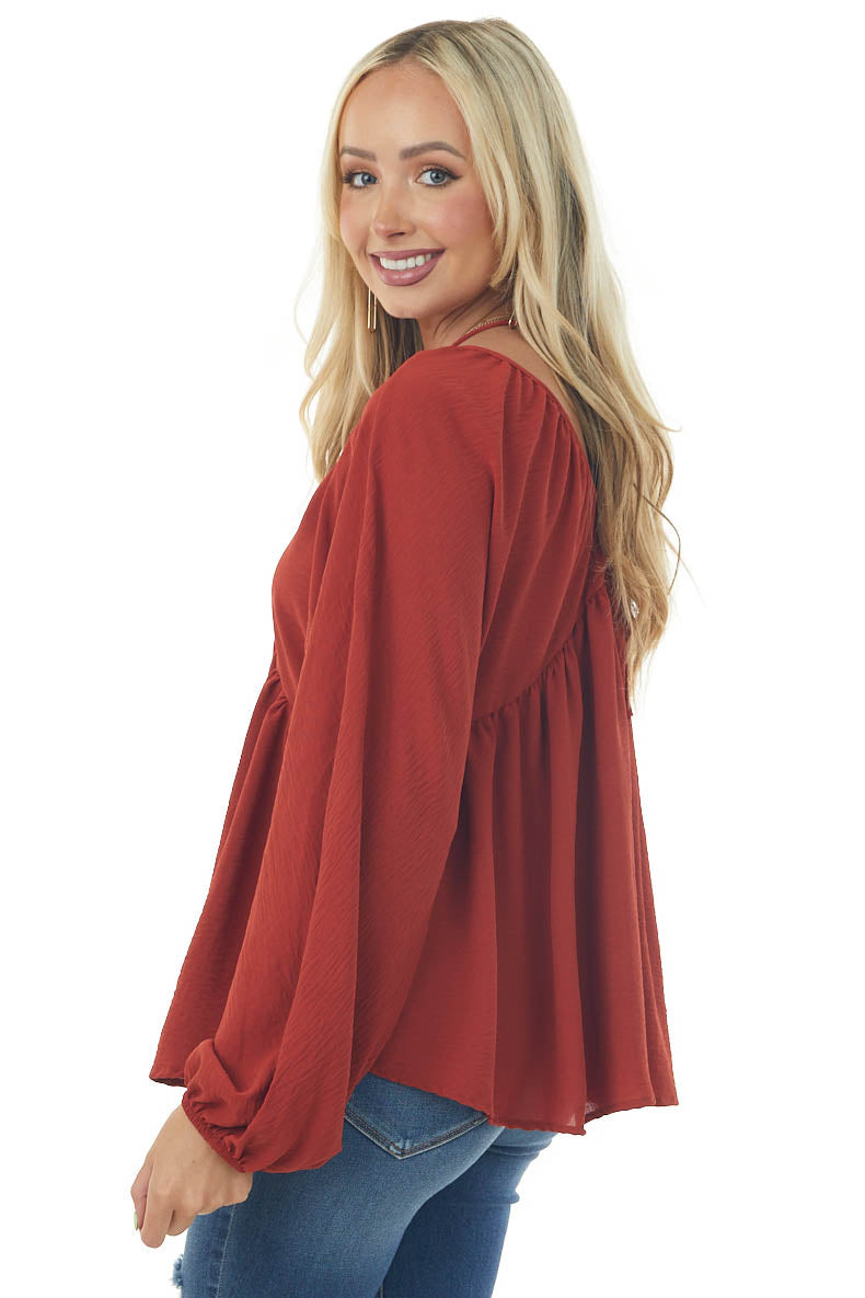 Rust V Neck Babydoll Puff Sleeve Flowy Top
