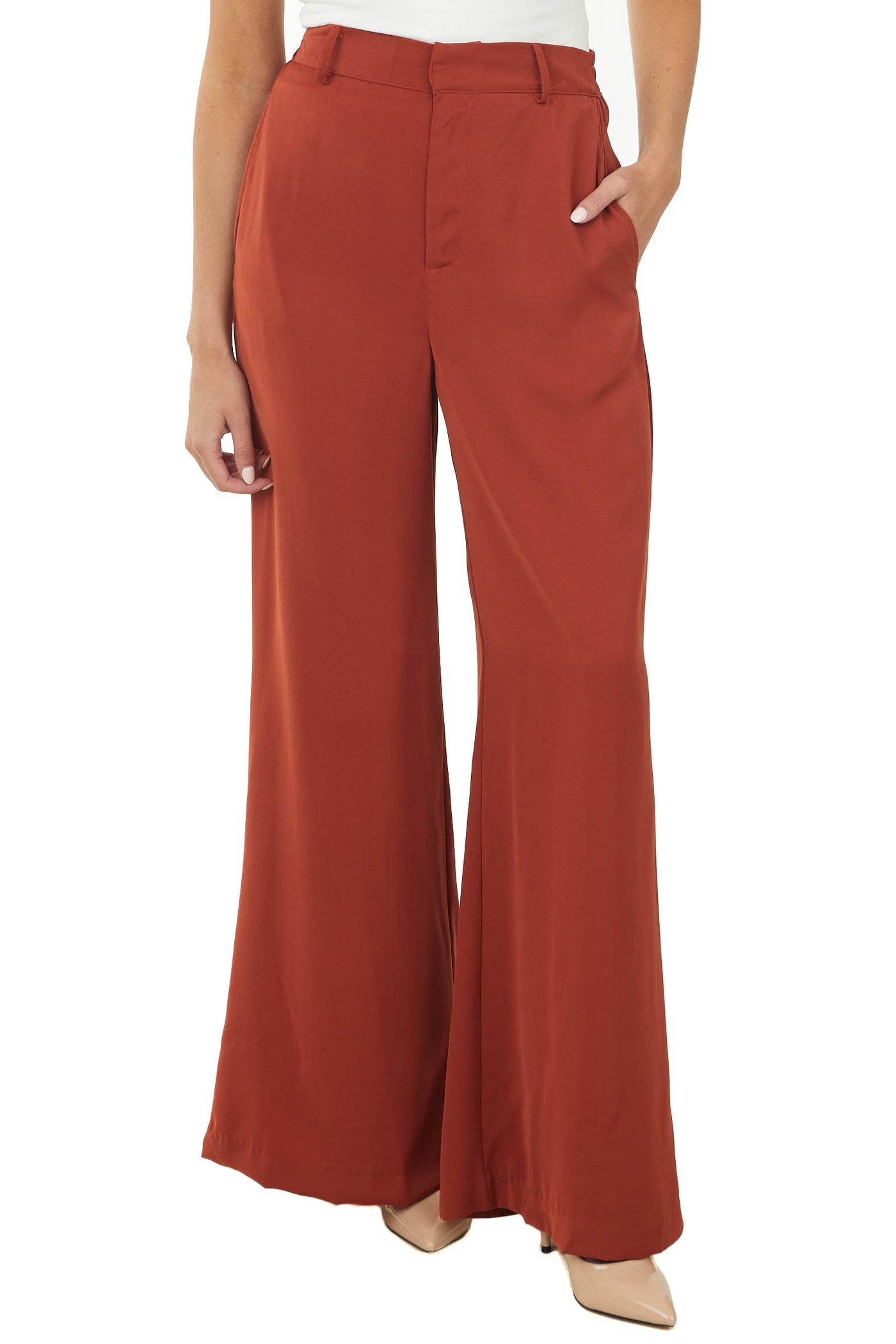 Rust Woven Wide Leg Flowy Pants with Pockets