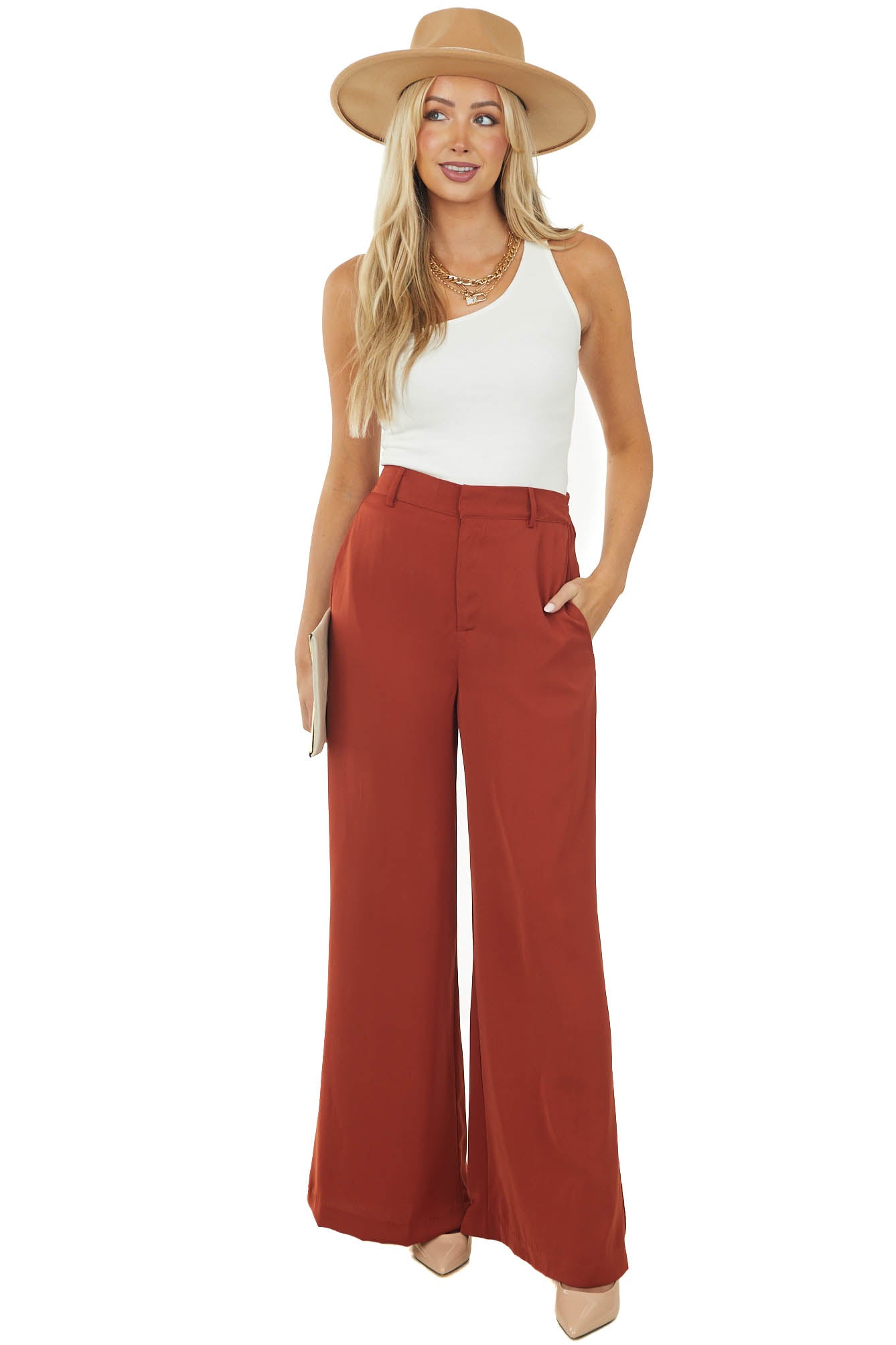 Rust Woven Wide Leg Flowy Pants with Pockets