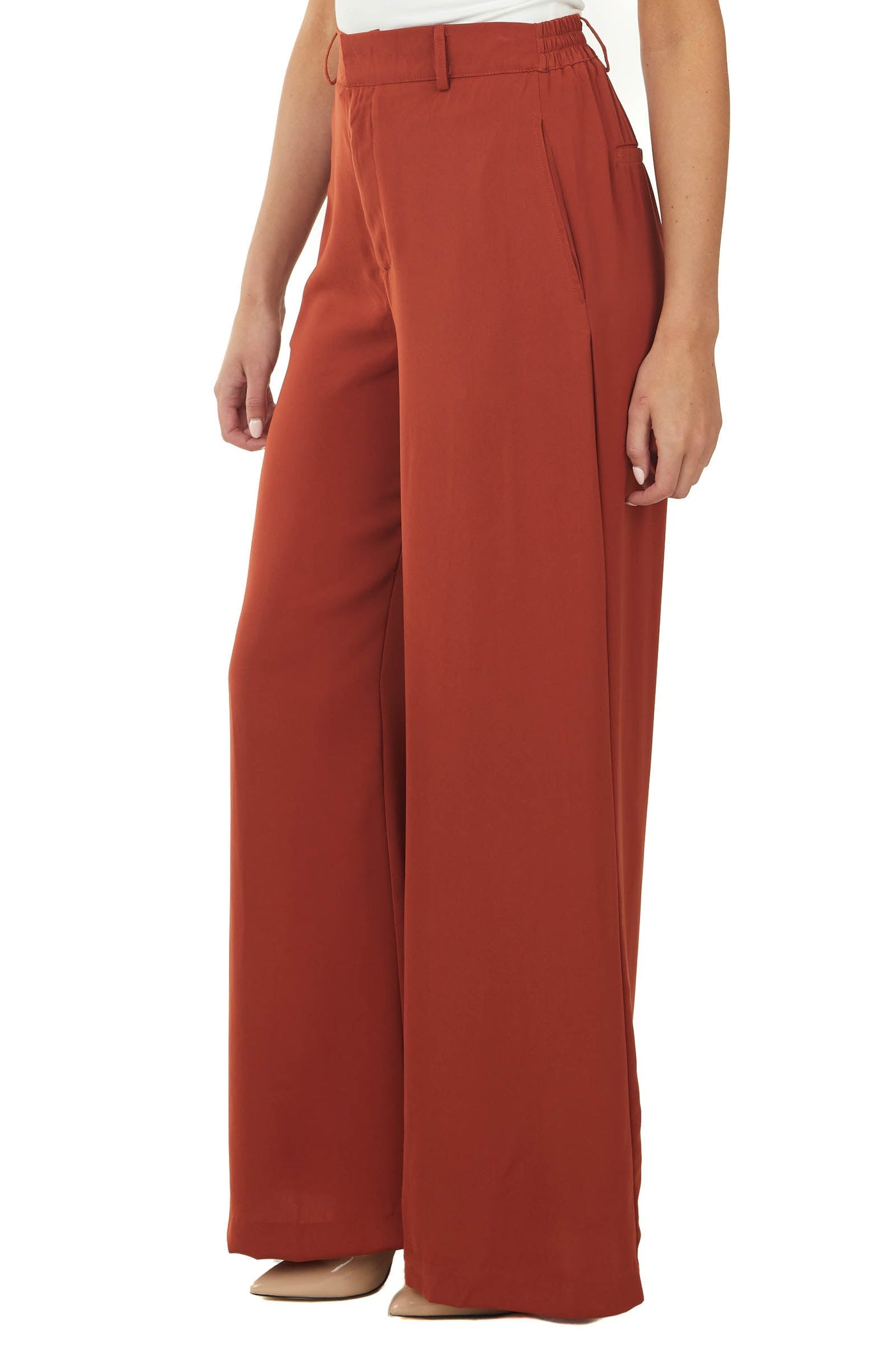Rust Woven Wide Leg Flowy Pants with Pockets
