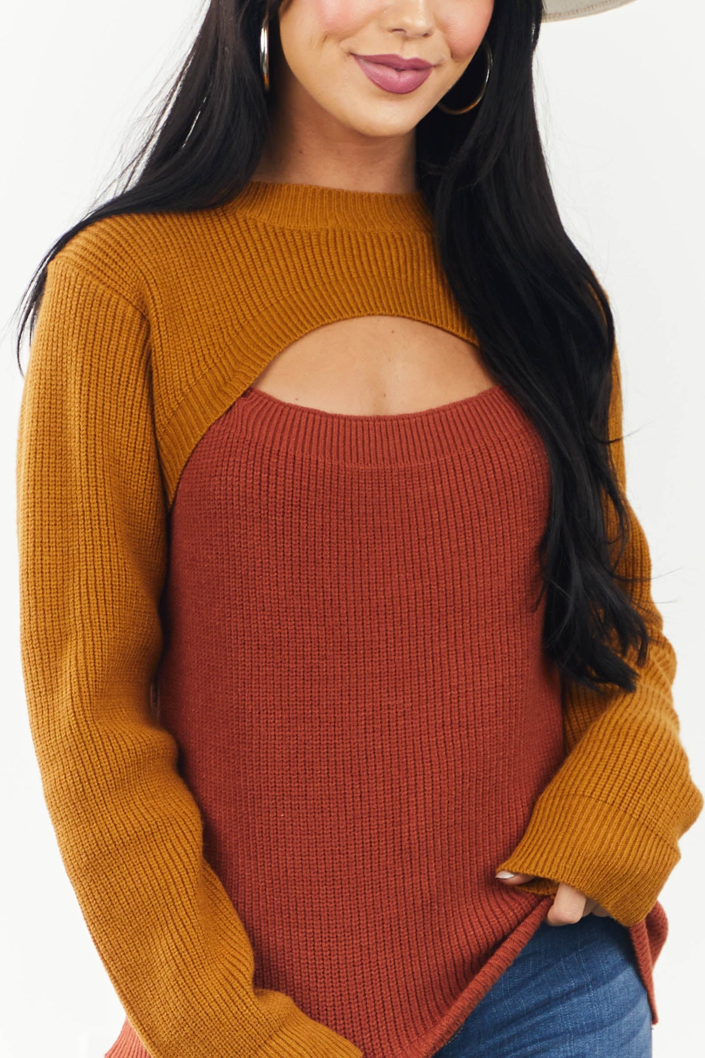 Rust and Caramel Colorblock Front Cut Out Sweater