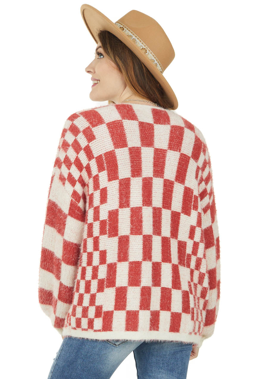 Rust and Ivory Checkered Fuzzy Knit Cardigan