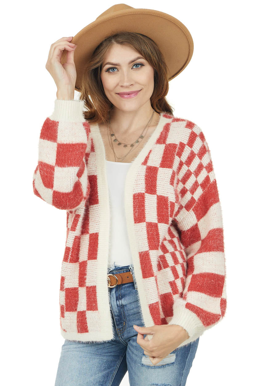 Rust and Ivory Checkered Fuzzy Knit Cardigan