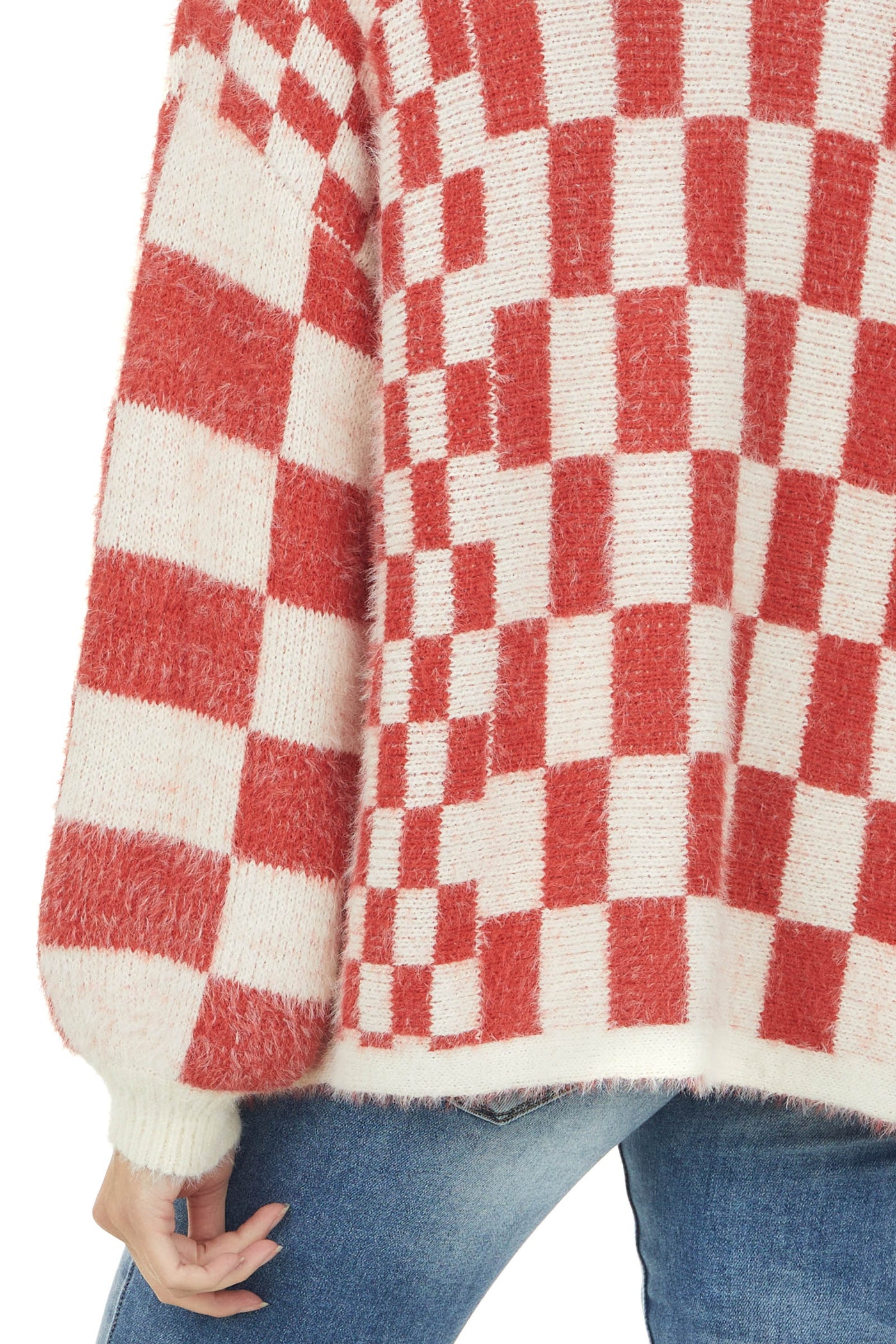 Rust and Ivory Checkered Fuzzy Knit Cardigan