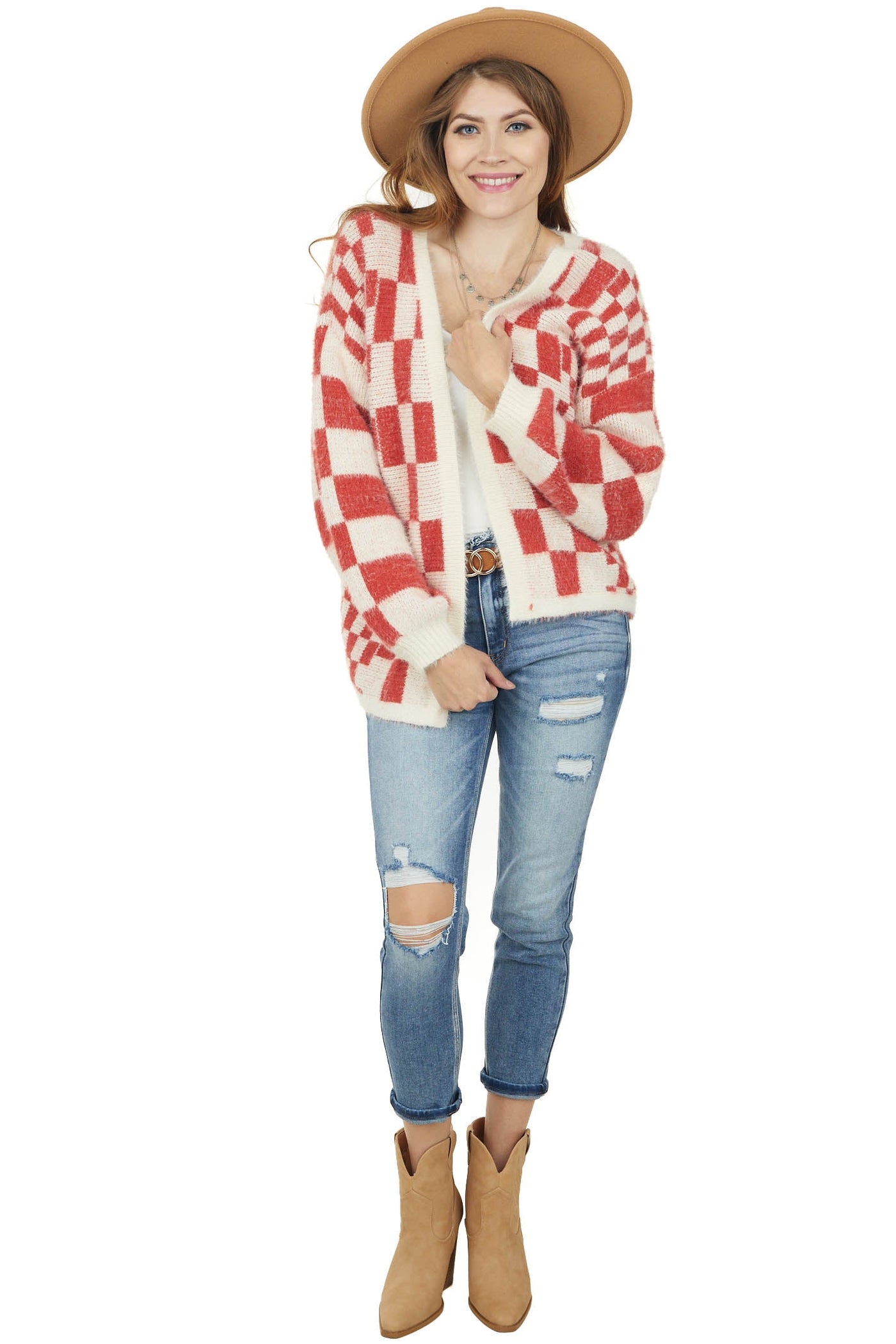 Rust and Ivory Checkered Fuzzy Knit Cardigan