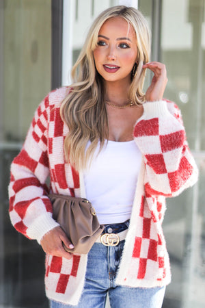 Rust and Ivory Checkered Fuzzy Knit Cardigan