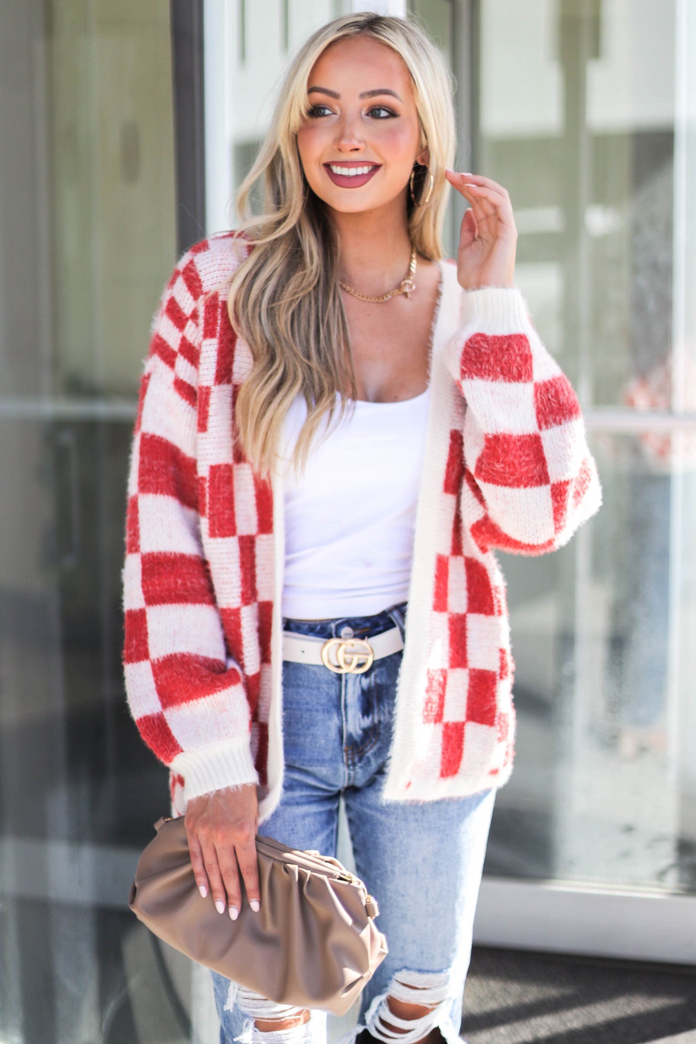 Rust and Ivory Checkered Fuzzy Knit Cardigan