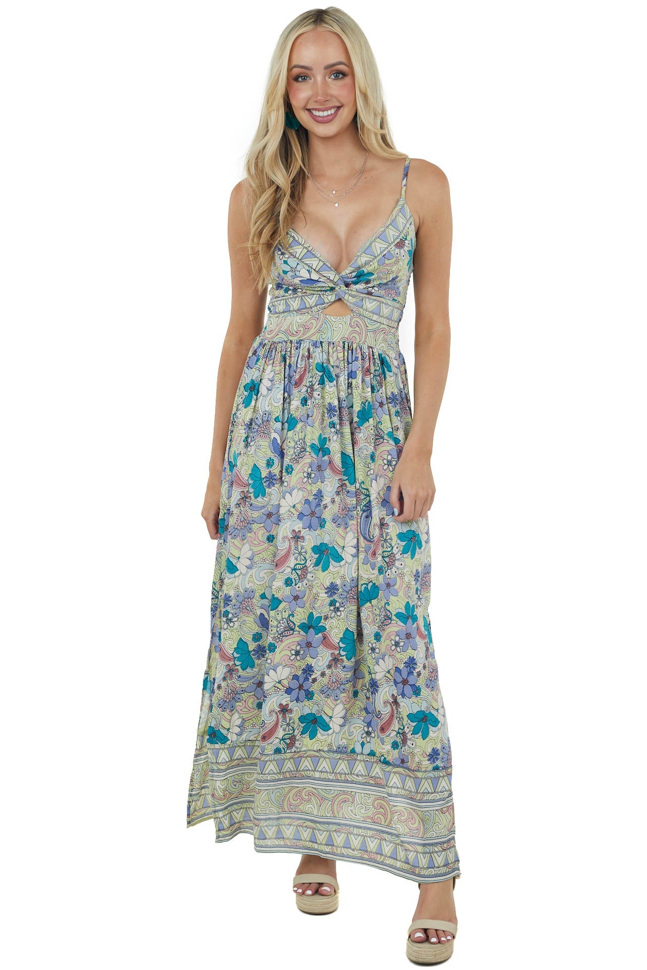 Sage Abstract Floral Print Sleeveless Maxi Dress