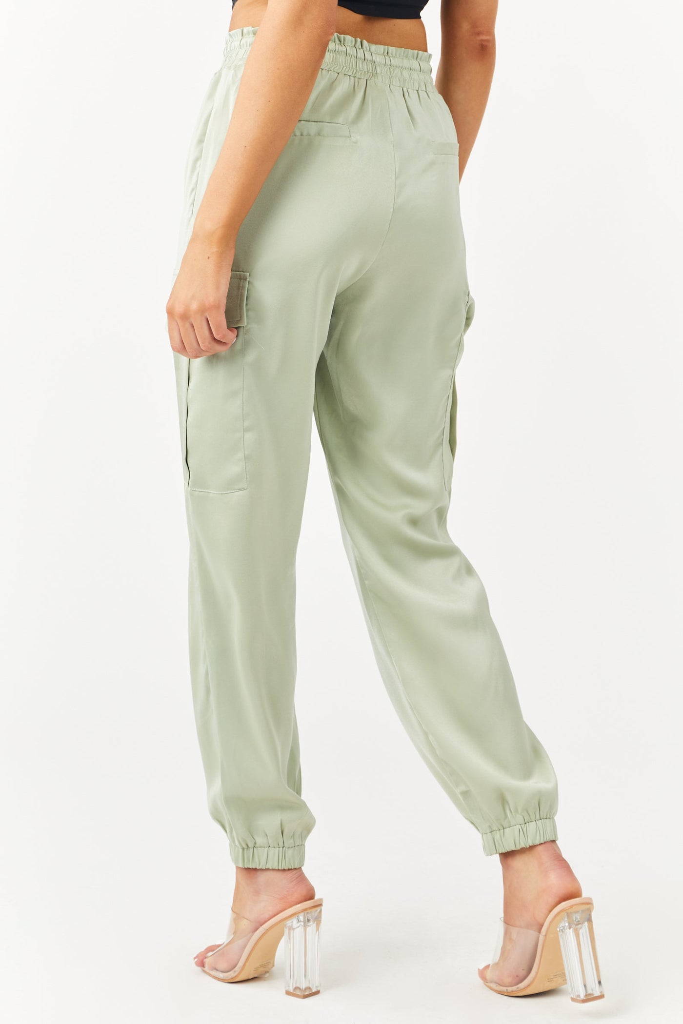 Sage Cargo Pocket Satin Drawstring Joggers
