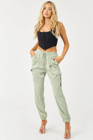 Sage Cargo Pocket Satin Drawstring Joggers