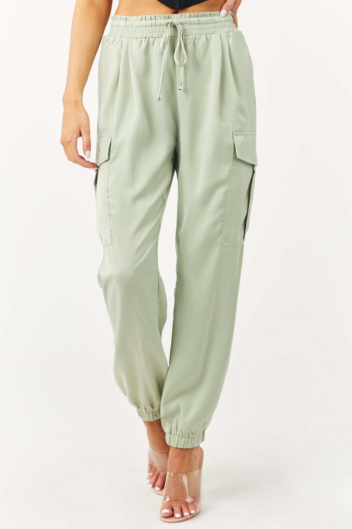 Sage Cargo Pocket Satin Drawstring Joggers