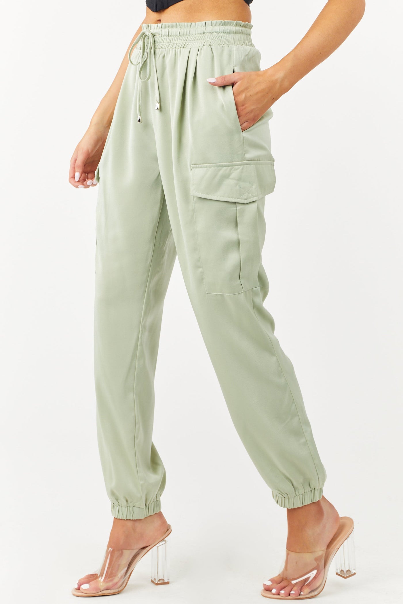 Sage Cargo Pocket Satin Drawstring Joggers