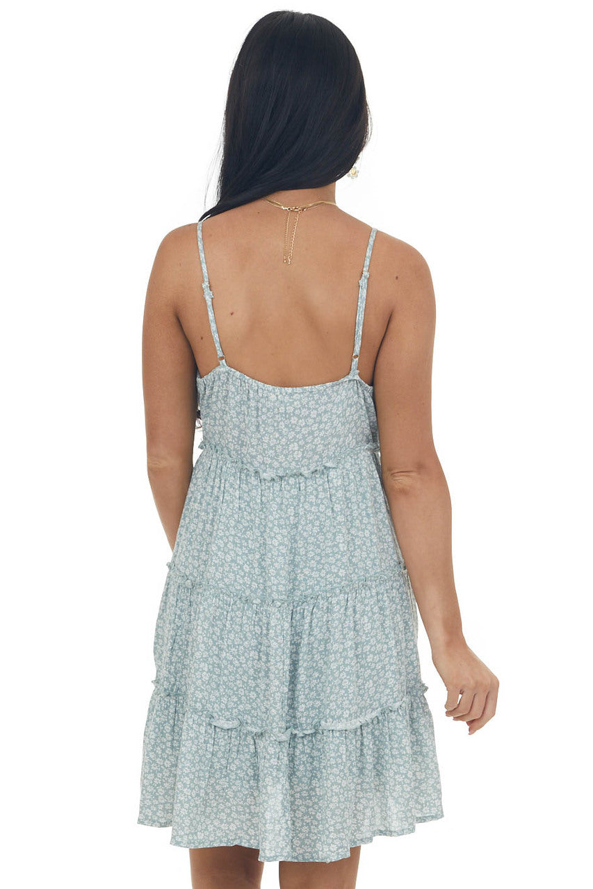 Sage Ditsy Floral Button Up Sleeveless Dress