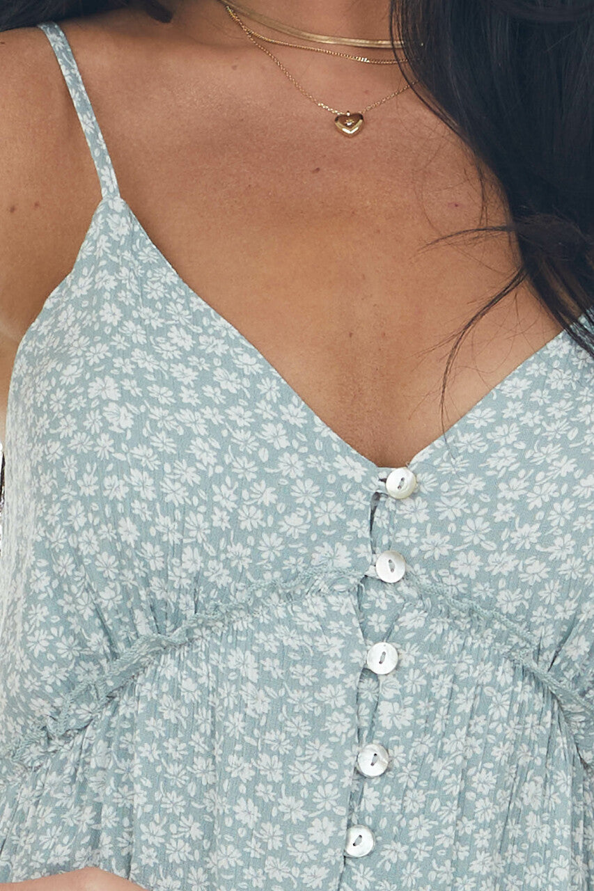 Sage Ditsy Floral Button Up Sleeveless Dress