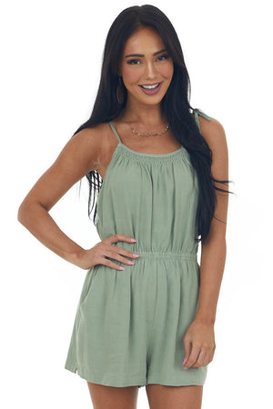 Sage Elastic Waist Linen Cami Romper