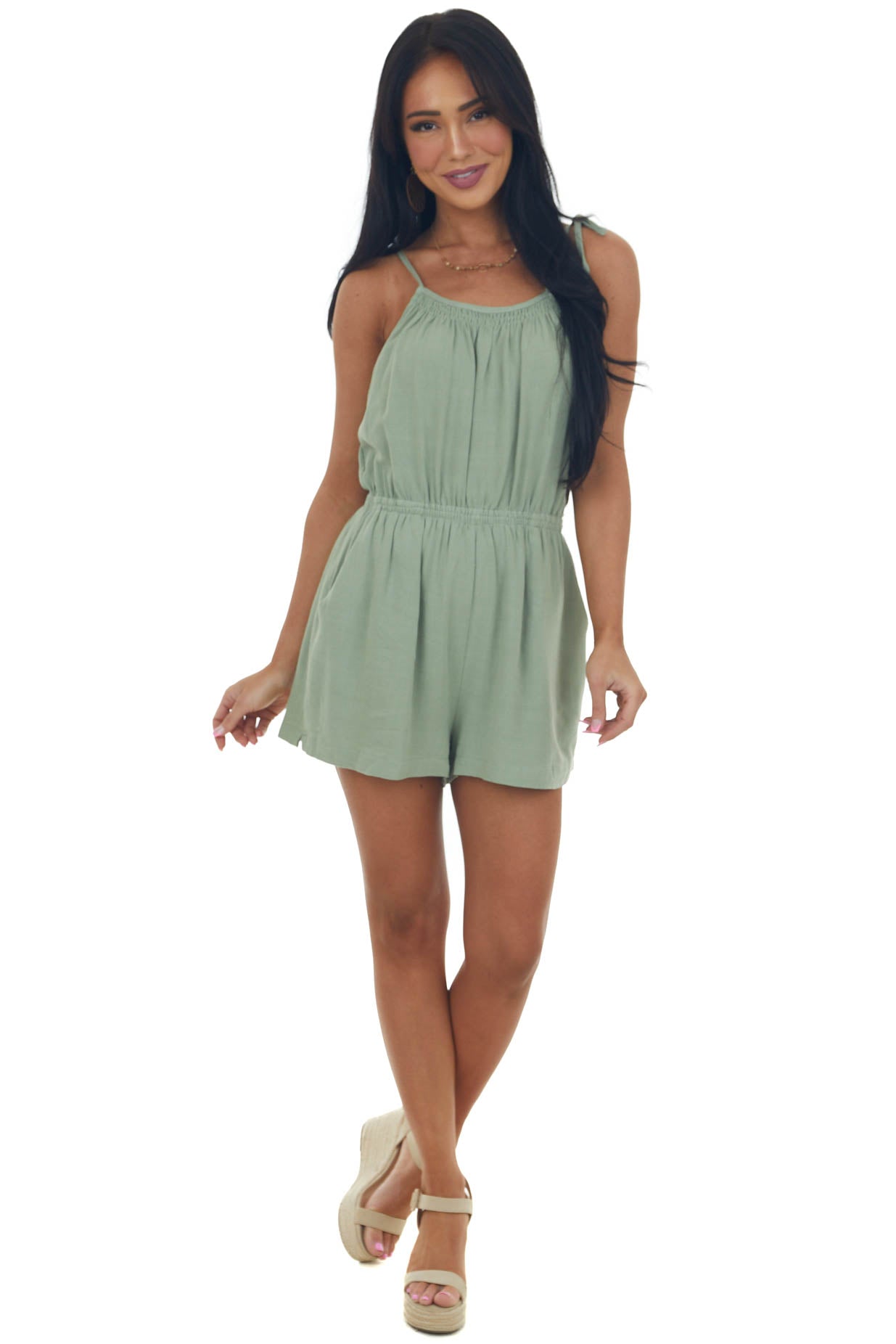 Sage Elastic Waist Linen Cami Romper