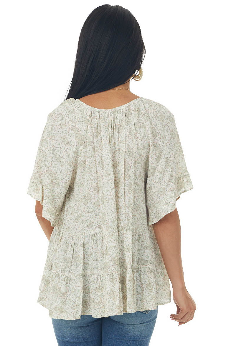 Sage Faded Paisley Ruffle Tiered Short Sleeve Top