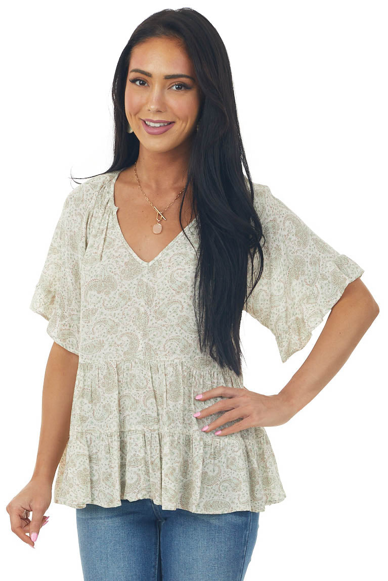 Sage Faded Paisley Ruffle Tiered Short Sleeve Top