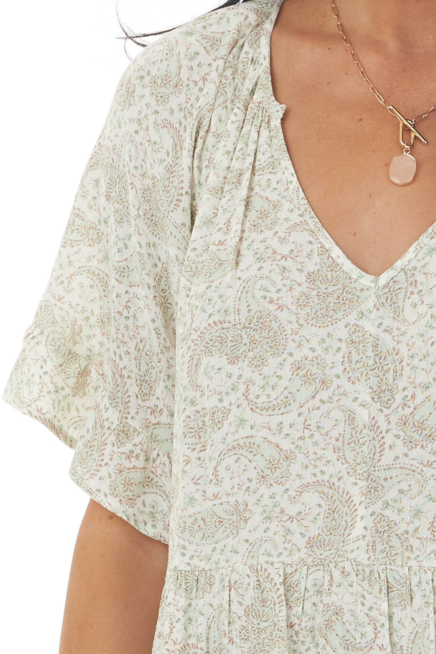 Sage Faded Paisley Ruffle Tiered Short Sleeve Top