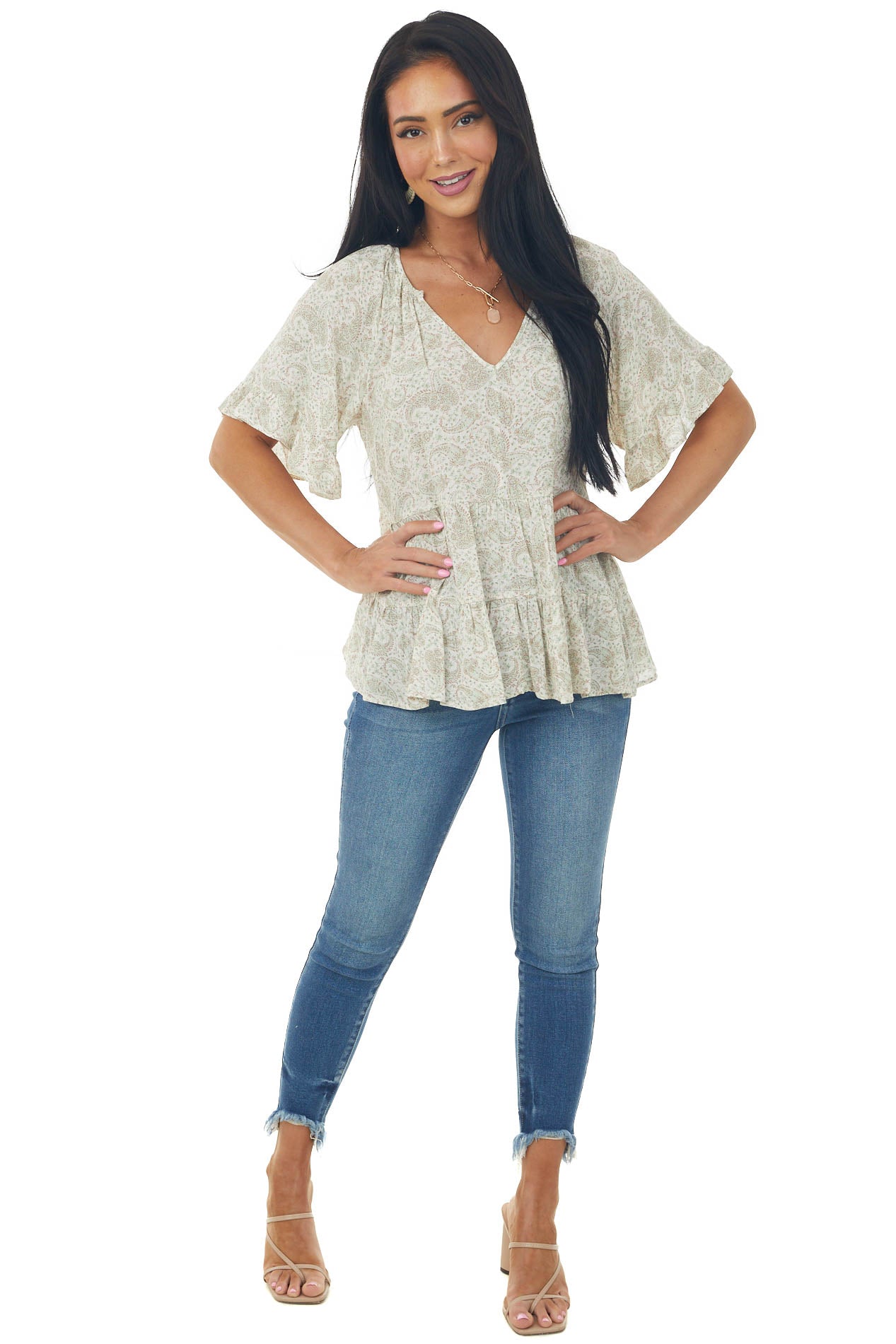 Sage Faded Paisley Ruffle Tiered Short Sleeve Top