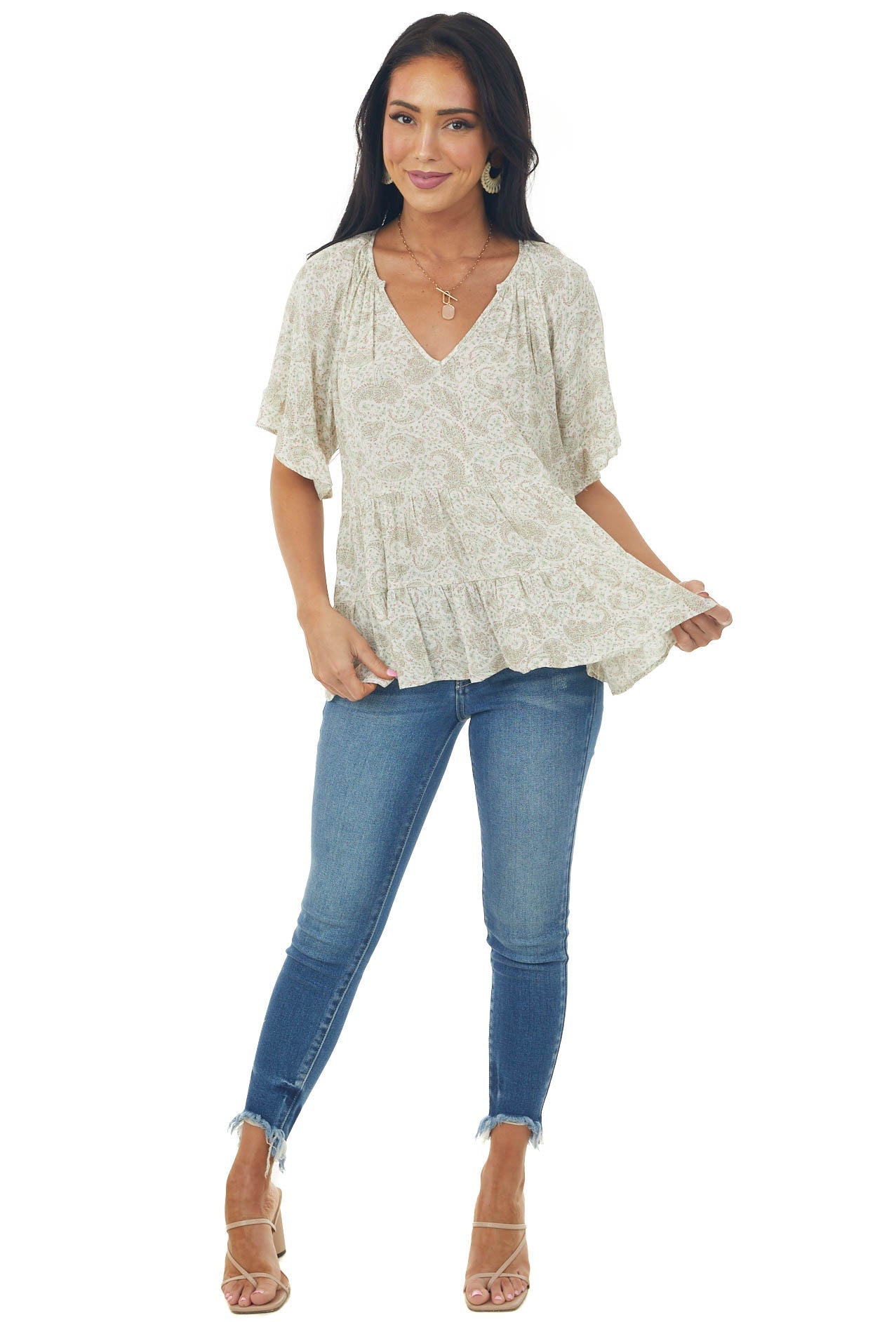 Sage Faded Paisley Ruffle Tiered Short Sleeve Top